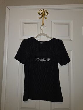 bebe Black Short Sleeve Rhinestone Logo Top